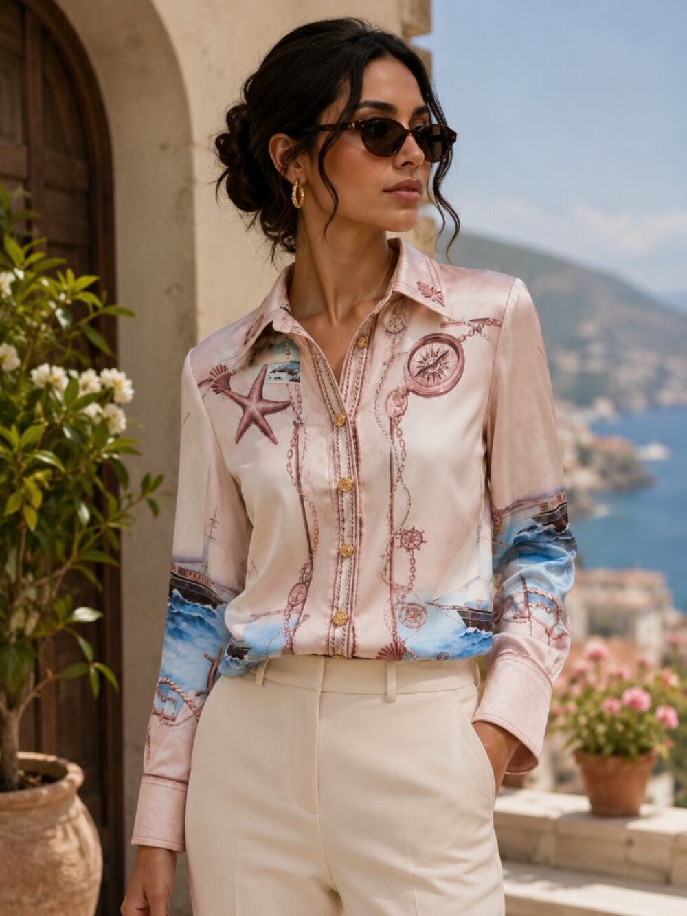 Coastal Charm Satin Nautical Print Button-Down Shirt